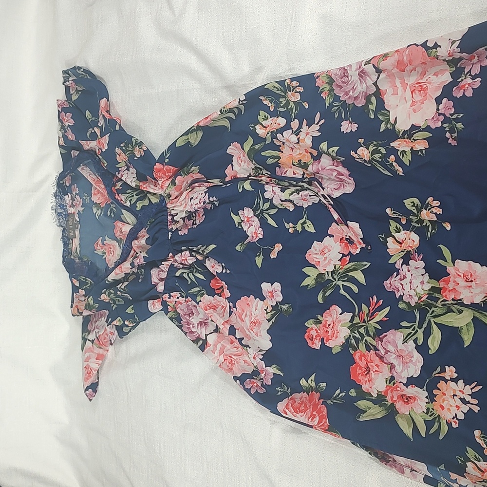 Rags to Wishes Blue Floral Floor Length Dress Slit Sides Elastic Waist Size M
